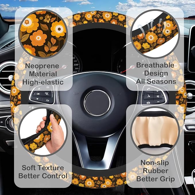70s Retro Groovy Orange Flower Steering Wheel Cover for Women, Anti-Slip Car Steering Wheel Cover with 2 Pcs Cup Holders Neoprene Breathable Car Accessories Universal 15 Inch Auto Interior Decor