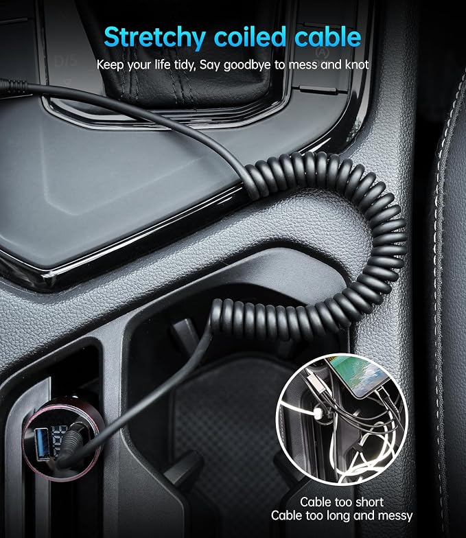 Coiled USB C Cable Fast Charging for Car 3FT/5FT, USB A to USB C Cable, Type C Charge Cord USB-C Charging Cable Compatible with iPhone 17/16/15/Samsung Galaxy S20 and More USB C Devices-Black