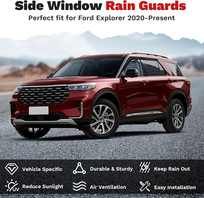 Explorer Window Visors Rain Guards for Ford Explorer 2020-2025 2026, Outside-Mount Tape-On Side Window Wind Deflectors Vent Visors Shades Rainproof Explorer Accessories Black 4PCS