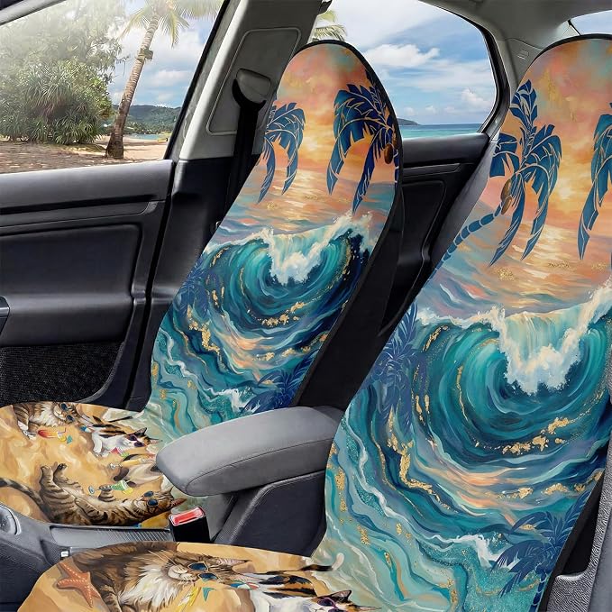 2 Pack Car Seat Towel Covers, Sweat-Proof Microfiber Seat Protectors for Gym, Running, Beach & Workout, Breathable Quick-Dry, Machine Washable, Ocean Cat Beach Print, Universal Fit