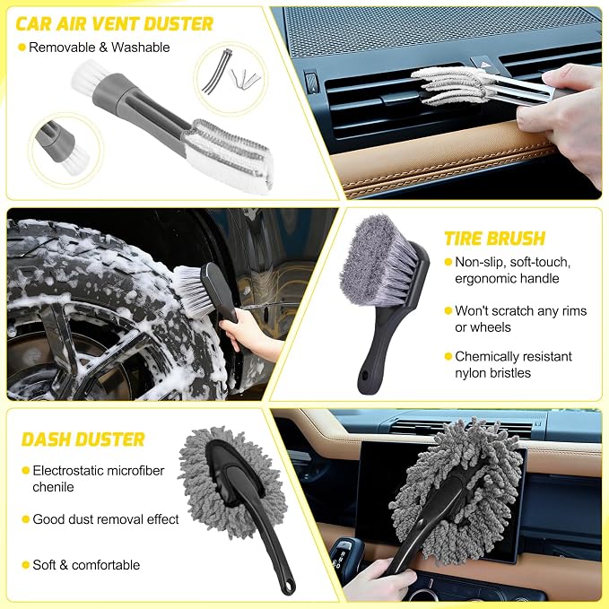 27PCS Car Detailing Kit Auto Cleaning Tools Wash Set with Storage Carry Bag Home Use for Interior Exterior Deep Clean Polish Car Care Windshield Dashboard Seat Air Vents Wheels Tires, Yellow