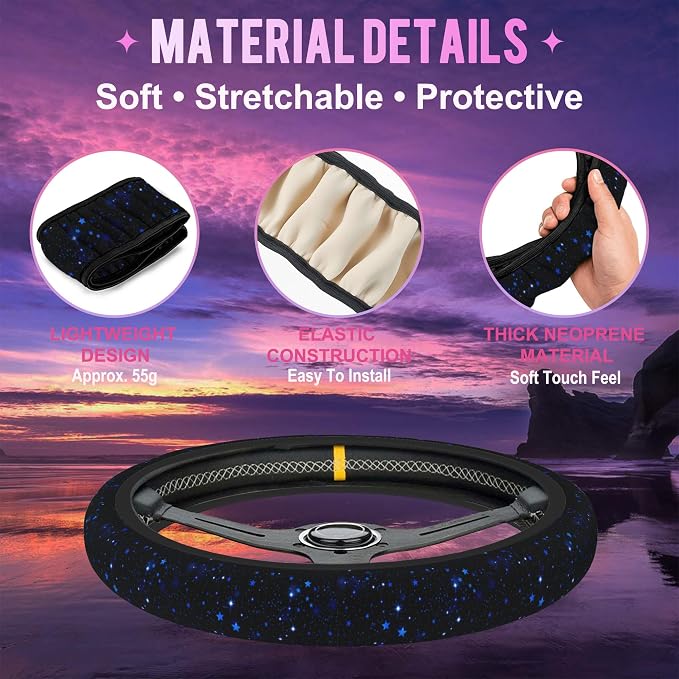 Blue Glitter Stars Steering Wheel Cover for Women Men Neoprene Breathable Starry Sky Wheel Cover Protector Anti-Slip Car Accessories Universal 15 Inch Fit for Cars Trucks Vehicles