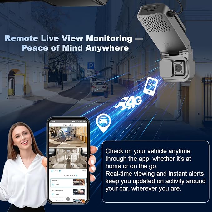 4G LTE Cellular Dash Cam with Live View & GPS Tracking, Car Security Camera | Anti-Theft Protection for Vandalism and Parked Cars | Dual Lens | Impact Detection | Real-Tme Alerts | Radar Detection