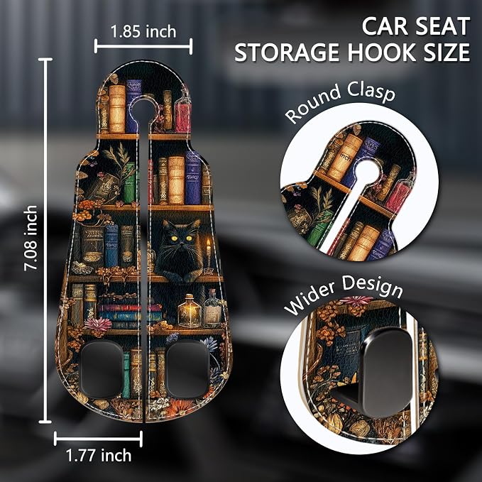 2PCS Car Hooks for Purses and Bags, Goth Gothic Bookshelf Black Cat Seat Back Storage Headrest Holder Hanger PU Leather Double Metal Backseat Organizer, Women Car Accessories Organization