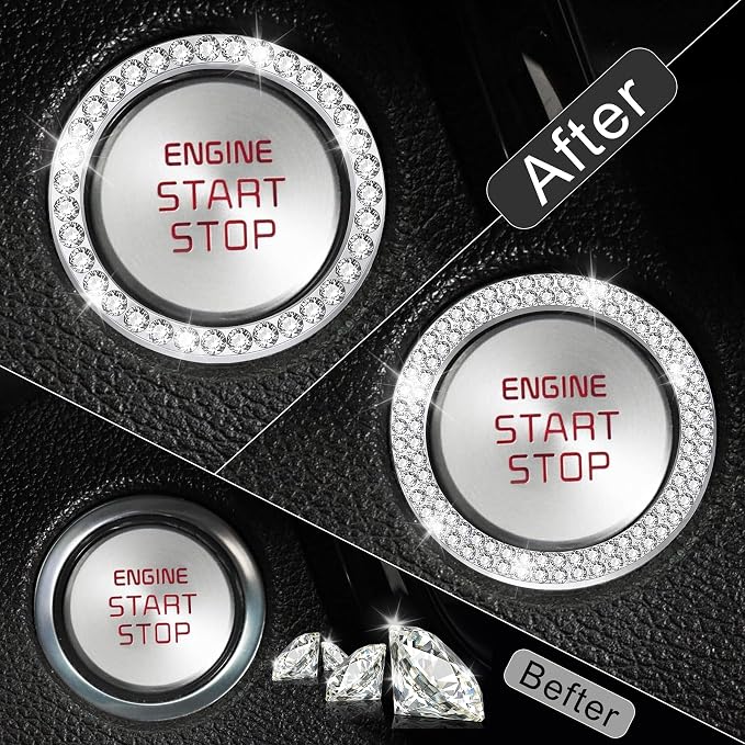 2 PCS Crystal Combinatorial Rhinestone Engine Start Decoration Ring, Push to Start Button Cover, White
