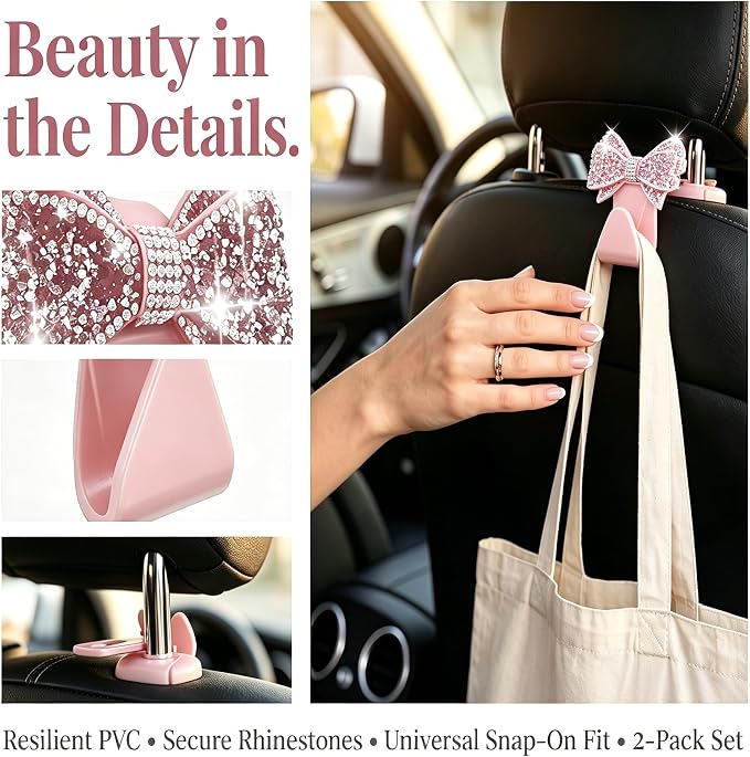 2PCS Bling Bow Car Seat Headrest Hooks, S Type Crystal Rhinestone Bowknot Auto Seat Back Storage Hooks, Diamond Cute Bow Vehicle Storage Organizer, Universal for Purses Bags Groceries(Pink)