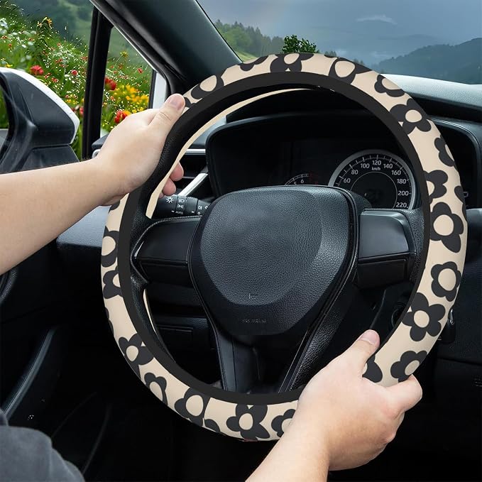 Vintage Groovy Flowers Steering Wheel Cover, Elastic Non-Slip Steering Wheel Protector,Auto Interior Decor for Women Girls,Universal 15" Fit for Sedans,Trucks