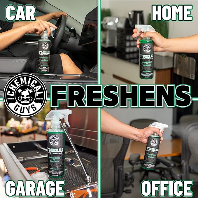 New Car Scent Air Freshener and Odor Eliminator, 16 fl oz with 3 Pack of Hanging Air Fresheners (Great for Cars, Trucks, SUVs, RVs, Home, Office, Dorm Room & More) - HOL459