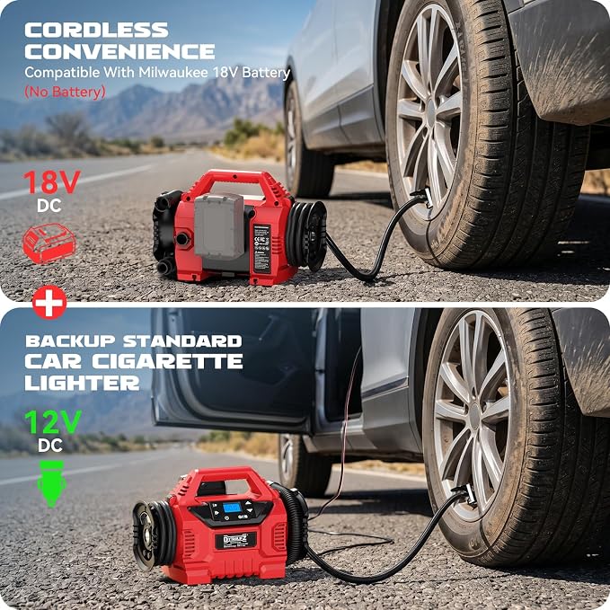 3X Faster Tire Inflator/Deflator Compatible with Milwaukee 18V Battery, 160 PSI Cordless Air Compressor Pump with 12V Car Adapter, LCD Digital Gauge for Car, Air Mattresses (Tool Only)