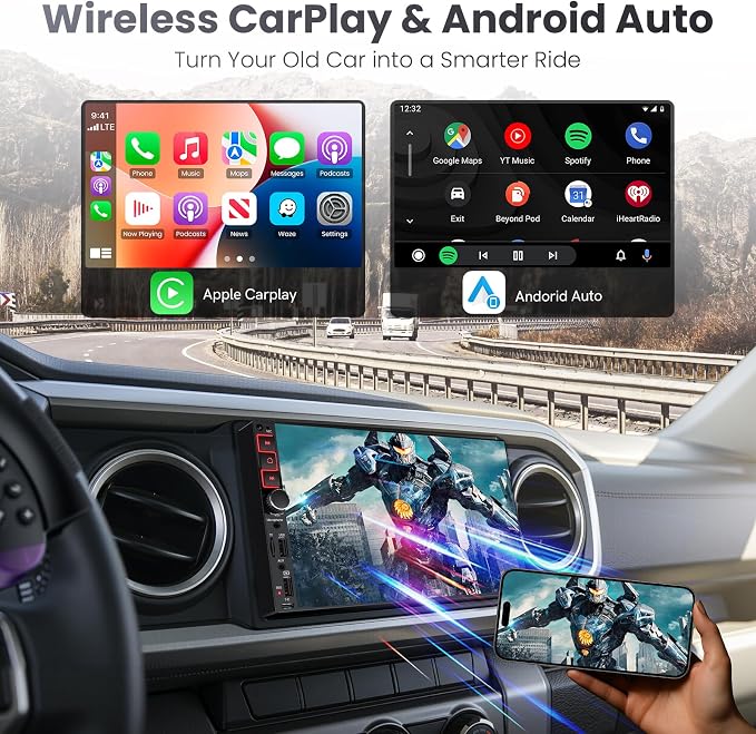 9" Double Din Car Stereo with Wireless Apple CarPlay & Android Auto,QLED IPS Touchscreen Car Radio,1080P Backup Camera, Mirror Link, Voice Control, Bluetooth 6.0, AM/FM, Type-C Fast Charging, EQ, SWC