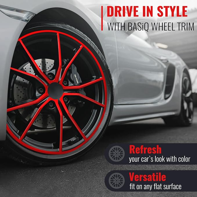 BASiQ Universal Styling Trim - 26 Feet, 6 Colors, Flat Design, Easy to Apply with Premium 3M Tape - Versatile Rim Styling and Color Accent for Cars, Trucks, SUVs - Red
