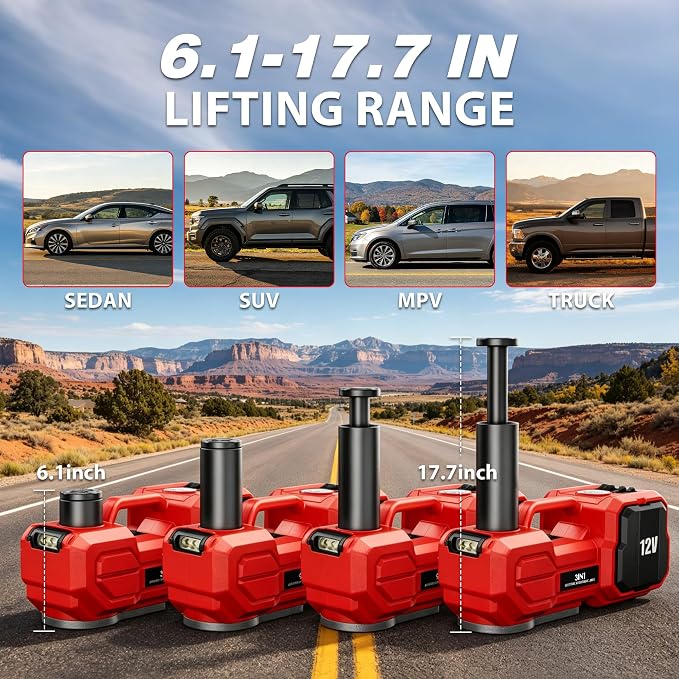6T Electric Car Jack, 12V Portable Hydraulic Jack with Built-in Inflatable Pump, 550N·m Impact Wrench & LED Light, Lifting Height 6.1-17.7 Inch for SUV/Sedan/Truck/MPV Tire Change & Garage Repair