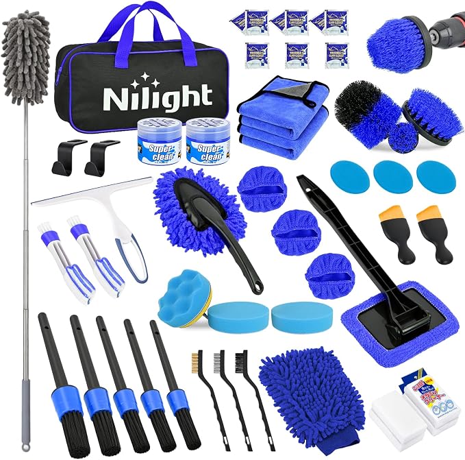 52PCS Car Detailing Kit Auto Cleaning Tools Wash Set with Storage Carry Bag Home Use for Interior Exterior Deep Clean Polish Car Care Windshield Dashboard Seat Air Vents Wheels Tires, Blue