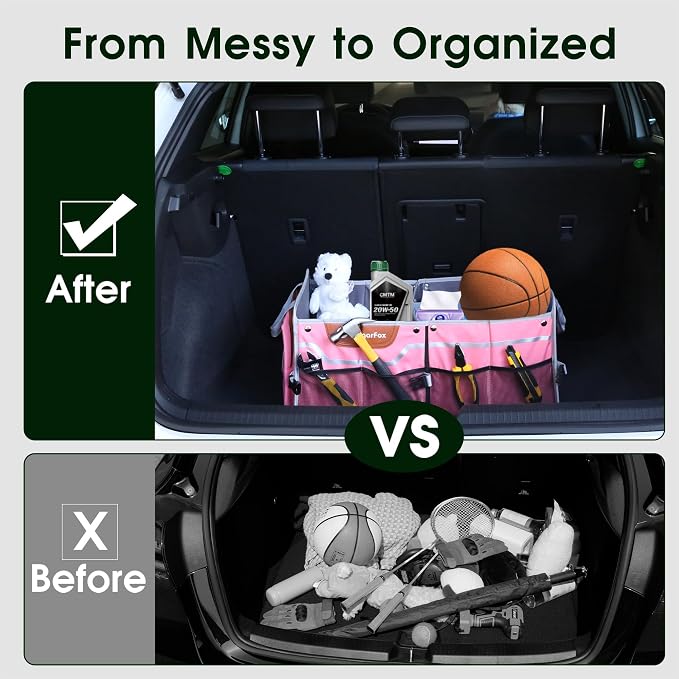 Car Trunk Organizer for SUV, 70L Heavy Duty Waterproof Trunk Organizer, Foldable Vehicle Organizer with Anti-Slip Base, 24”x13.8”x11.8”, Pink-M003