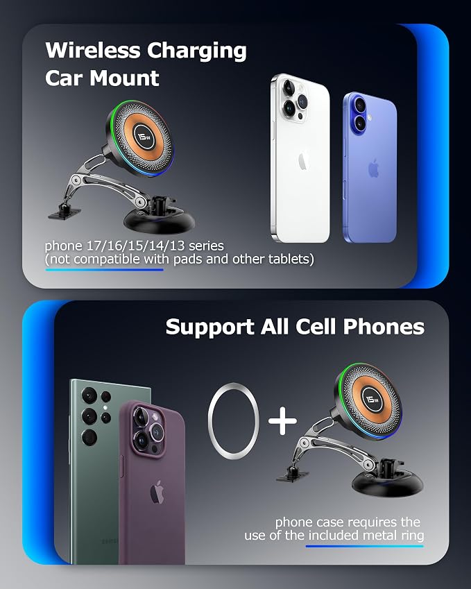 Magnetic Wireless Charging Car Phone Holder with 15W Fast Charging & Strong Vacuum Suction, 360° Rotatable Dashboard & Windshield Mount for Magsafe iPhone 17/16/15/14/13 Android Galaxy S24/S23/S22