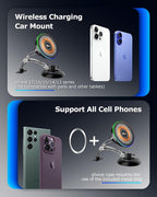 Magnetic Wireless Charging Car Phone Holder with 15W Fast Charging & Strong Vacuum Suction, 360° Rotatable Dashboard & Windshield Mount for Magsafe iPhone 17/16/15/14/13 Android Galaxy S24/S23/S22