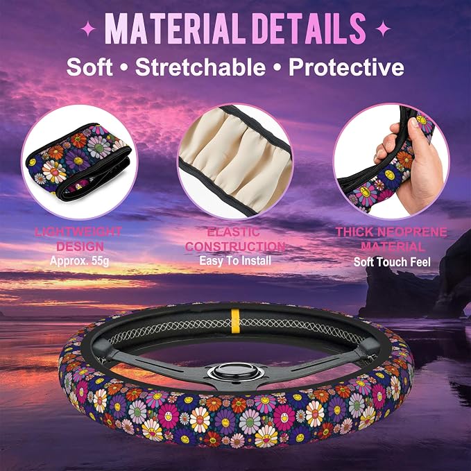 Colorful Pop Art Smiling Flower Steering Wheel Cover for Women Men Neoprene Breathable Wheel Cover Protector Anti-Slip Car Accessories Universal 15 Inch Fit for Cars Trucks Vehicles