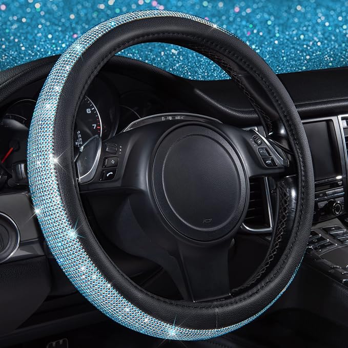 Mint Diamond Black Leather Steering Wheel Cover, Bling Blue Crystal Rhinestones Universal Fit 14"1/2-15" Crystal Glitter for Women Sparkle Girl Fit Suvs,Vans,Sedans,Cars,Trucks, Mint Diamond