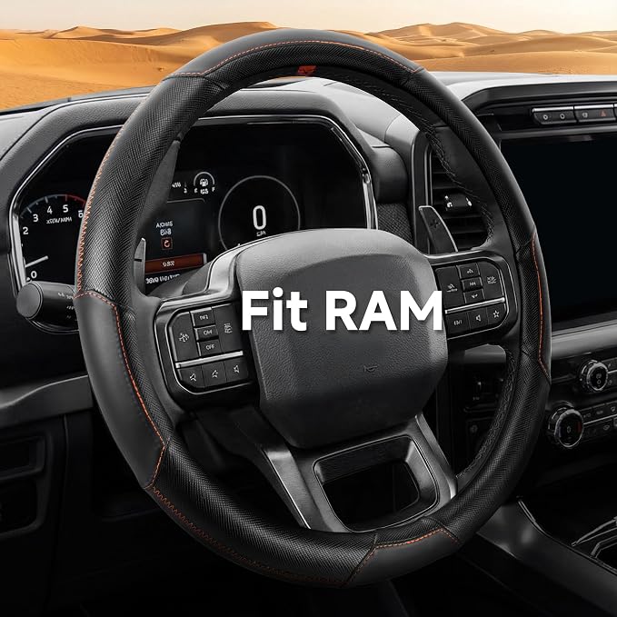 Customized Auto Car Steering Wheel Cover for Dodge RAM 1500 2500 3500, 15.5-16 inch(Black+Orange-Large Size)