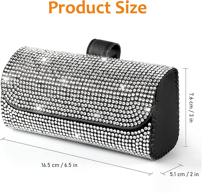 Bling Sunglasses Holder for Car Sun Visor, Sparkling Eyeglasses Car Visor Clip Storage Glasses Organizer Case, PU Leather Auto Sunglass Holder Protective Box for Truck, SUV, RV (White)