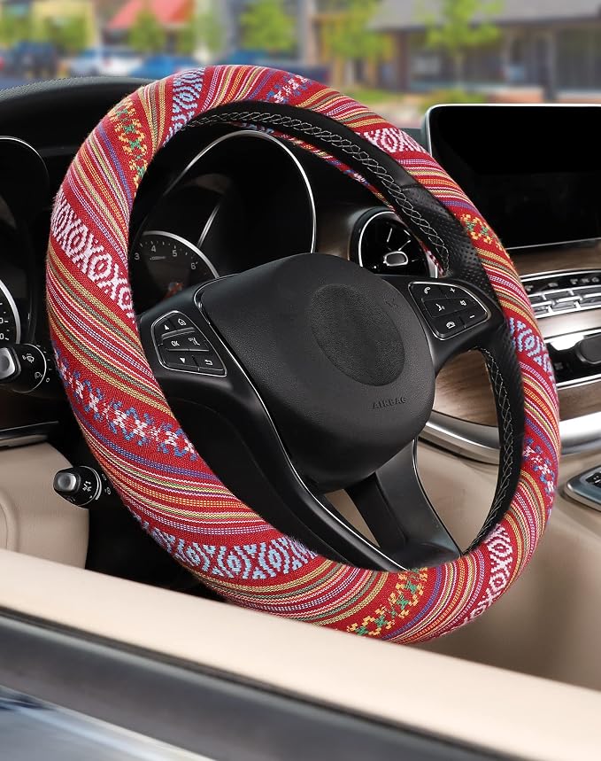 Boho Steering Wheel Cover with Baja Blanket Cloth, Ethnic Style Auto Wheel Cover Made of Coarse Flax, Fits 14 1/2-15 1/4 inches Car Wheel