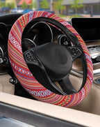 Boho Steering Wheel Cover with Baja Blanket Cloth, Ethnic Style Auto Wheel Cover Made of Coarse Flax, Fits 14 1/2-15 1/4 inches Car Wheel