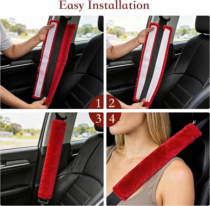 Soft Faux Fur Universal Fit Seatbelt Cover Car Truck SUV Airplane Seat Belt Shoulder Pad for Carmera Backpack Straps Neck Cushion Protector Extra Long 15.7in Red