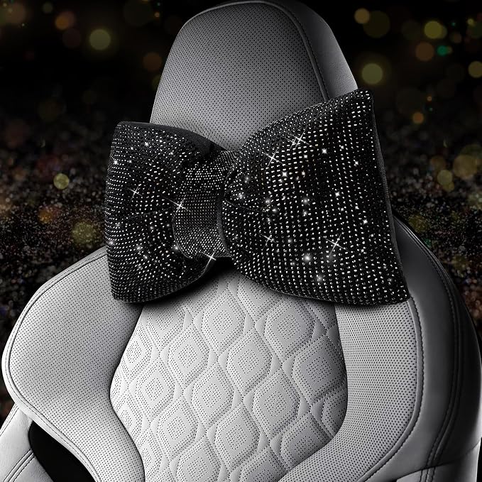 4 PCS Bling Car Pillows,Rhinestones Bowknot Car Headrest Pillow,Car Neck Pillow for Driver Relax Necksupport,Sleeping Travel Support Neck Pillow,Shiny Diamond Interior Accessories for Women,Black