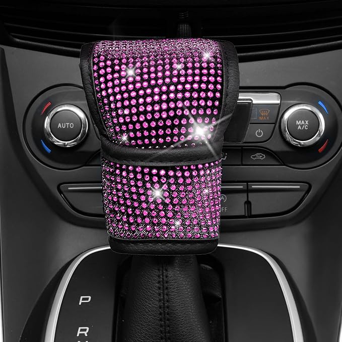 11 PCS Bling Diamond Car Accessories Set for Women, Sparkly Rhinestone Steering Wheel Cover, Bling Seat Belt Cushion, Shift Knob Cover, Push Start Button Ring, Cup Holder Coaster, Black Pink