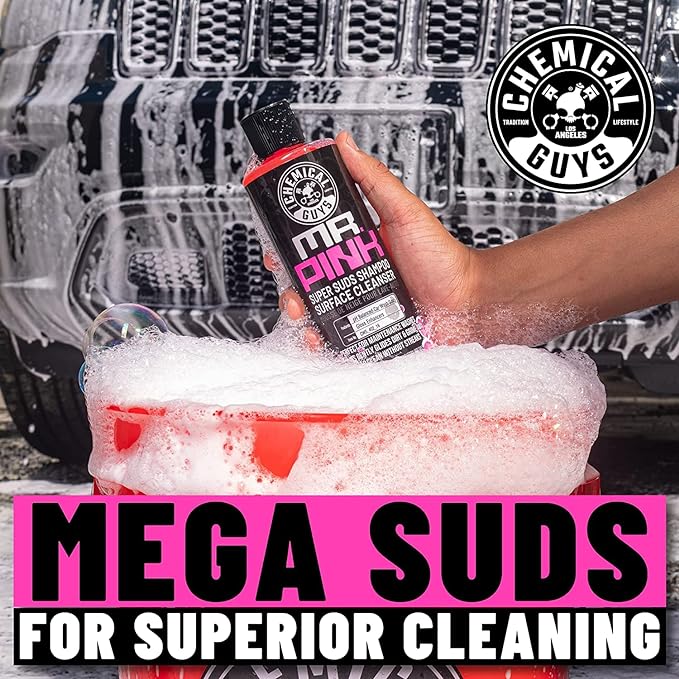 Mr. Pink Car Wash Soap & Chenille Wash Mitt Kit - 16 oz High Foaming Auto Shampoo with Plush Microfiber Mitt - Safe for Cars, Trucks, Motorcycles, and RVs - Scratch-Free Cleaning Combo