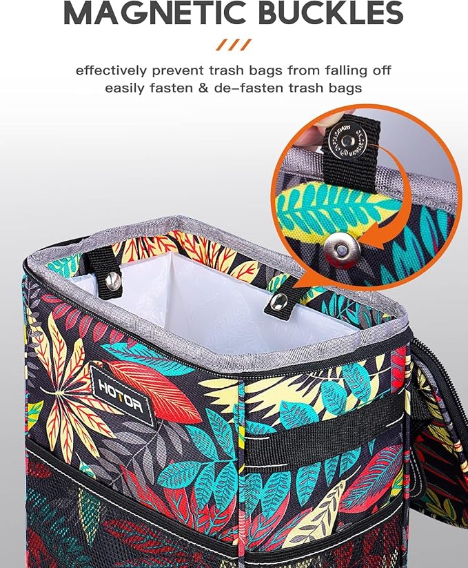 Car Trash Can with Lid and Storage Pockets - 100% Leak-Proof Organizer, Waterproof Garbage Can, Multipurpose Trash Bin for Car, 2 Gallons, Autumn Leaves
