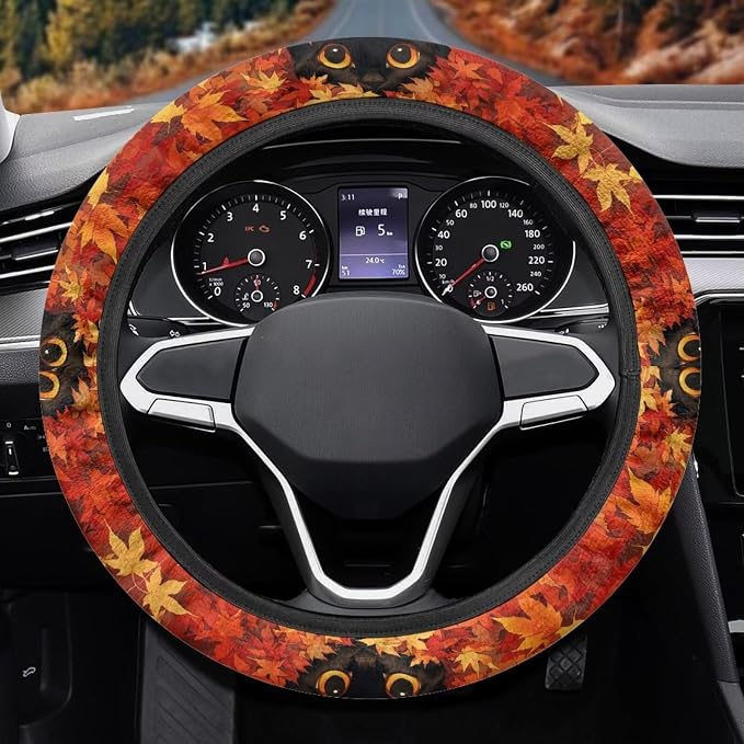 Maple Leaf Car Steering Wheel Cover Sweat Absorption Safe Driving | Fall Decor, Universal 14-15 inch Stretch-on Fabric, Keep Safe Steering Wheel Protector for Women
