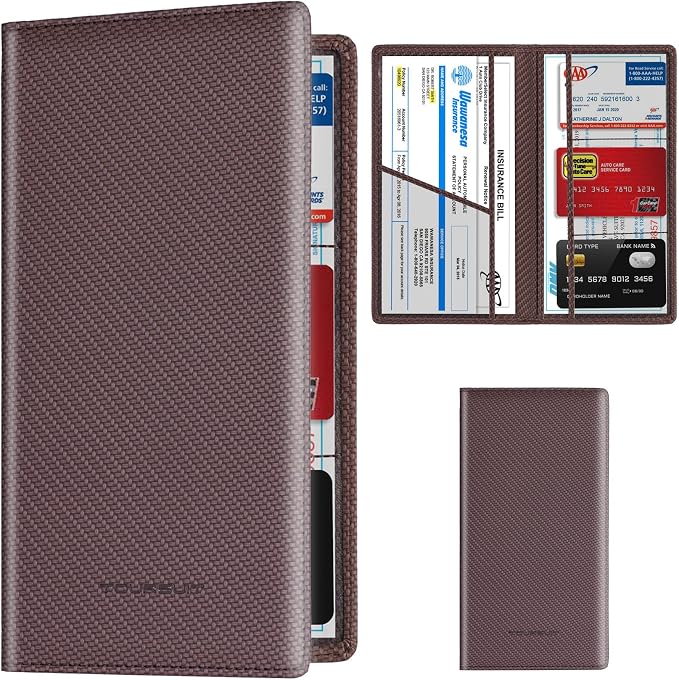 Car Registration and Insurance Card Holder, Vehicle License Document Glove Box Compartment Organizer, Essential Car Wallet Case for Driver Auto Owners (Carbon Coffee)