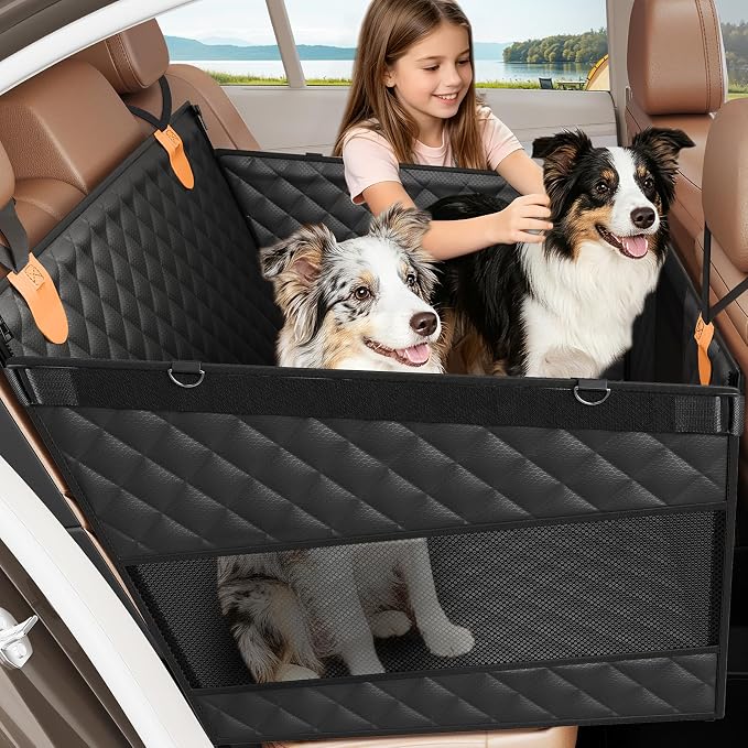 Large Dog Car Seat, Back Seat Extender for Dogs with 3 Mesh Windows, Waterproof Medium Carseat for Dogs with Hard Bottom, Pet Seat Cover for Cars, Trucks and SUVs