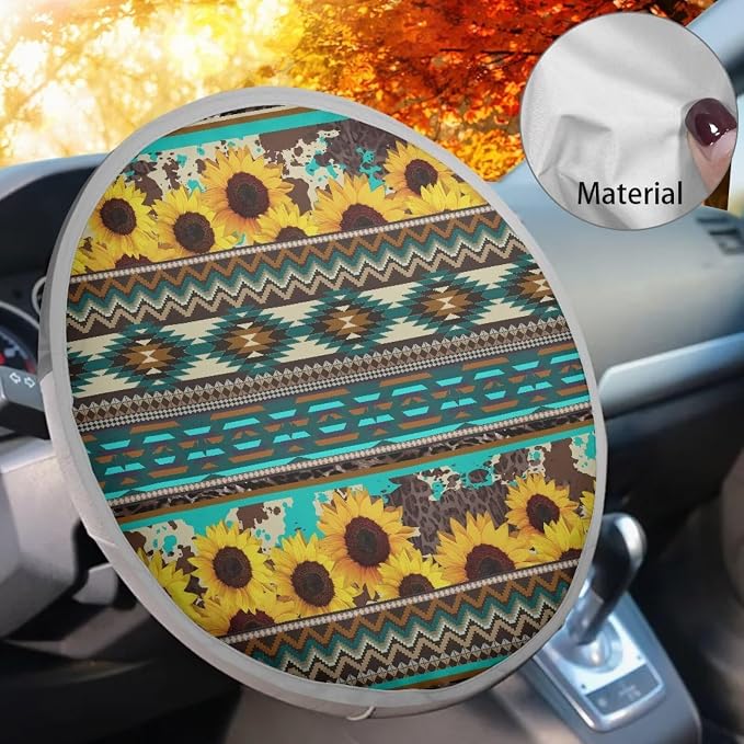 Sunflower Aztec Steering Wheel Cover Sun Shade 17 inch Anti-Heat Steering Wheel Cover Heat Reflector Universal Car Accessories Steering Wheel Sun Block Cover for SUV Trucks Van Sedan