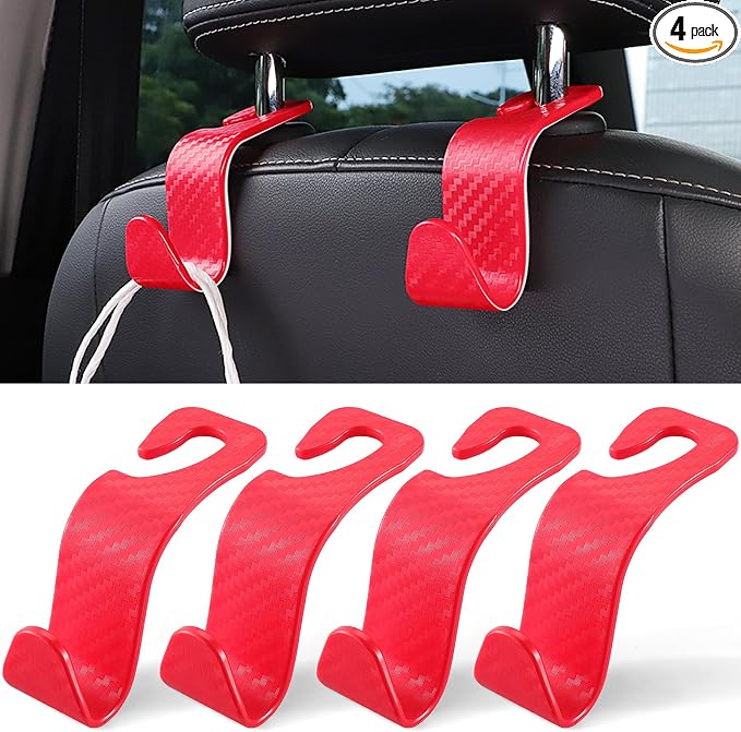 Car Purse Hook, Headrest Hook for Car, 4 Pack Universal Auto Car Seat Headrest Hook Hangers Organizer for Purse Coat Umbrellas Grocery Bags Handbag, Car Accessories - Carbon Fiber Red