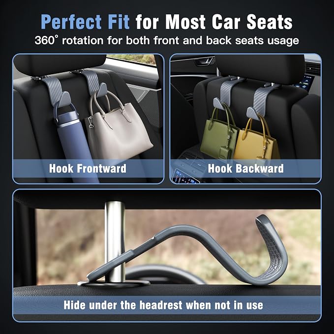 Car Seat Headrest Hook 4 Pack Hanger Universal Vehicle Car Storage Organizer for Handbag Purse Coat S Type Checkered Grey