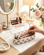 Preppy Checkered Clear Travel Makeup Brush Holder,Khaki and Beige Checkered Makeup Brush Toiletry Bag, Portable Cosmetic Brush Case,Transparent Waterproof Makeup Brush Storage Bag