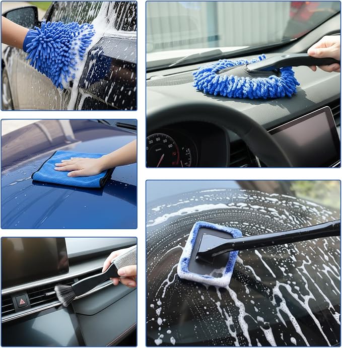 32-Piece Car Detailing Kit with Drill Brush Attachments & Polishing Pads – Professional Auto Detailing Brushes, Wheel & Tire Cleaning Tools with Storage Bag (Blue)