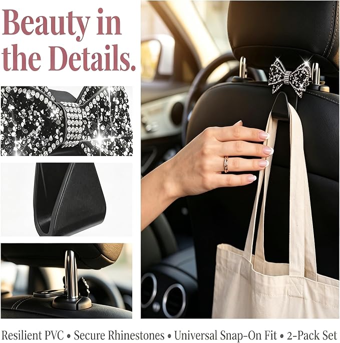 2PCS Bling Bow Car Seat Headrest Hooks, S Type Crystal Rhinestone Bowknot Auto Seat Back Storage Hooks, Diamond Cute Bow Vehicle Storage Organizer, Universal for Purses Bags Groceries(Black)