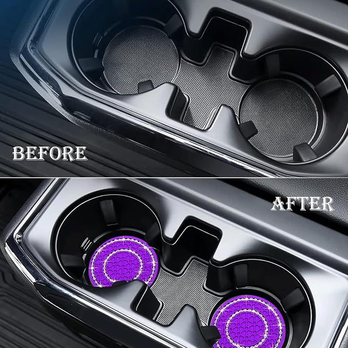 2PCS Bling Crystal Rhinestone Cup Holder Coaster, 2.75 inch Soft Silicone Anti-Slip Shockproof, Car Cup Holder Insert Coasters, Universal Car Interior Accessories for Women (Purple & White)