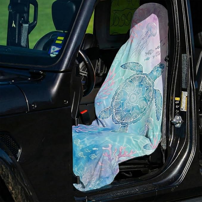 2 Pack Car Seat Towel Covers, Sweat-Proof Microfiber Seat Protectors for Gym, Running, Beach & Workout, Breathable Quick-Dry, Machine Washable, Coral Sea Turtle Print, Universal Fit