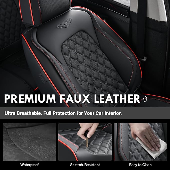 Coverado Rear Seat Covers, Sporty Non-Slip Waterproof Faux Leather Rear Protectors for Trucks SUVs, Mens Automotive Interior, Racing Style – Redline