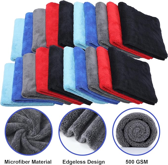 30 Pcs 16 x 16 Inch Edgeless Microfiber Plush Towels for Cars Detailing Drying Wash Polishing Absorbent Cleaning Cloths, 500 GSM (Blue, Light Blue, Black, Grey, Red)