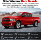Window Visors Rain Guards for Dodge Ram 1500 Crew Cab 2009-2018/Ram 2500&3500 Crew Cab & Mega Cab 2010-2026/Ram 1500 Classic Crew Cab 2019-2024, Tape-On Side Window Deflectors Vent Visors 4PCS