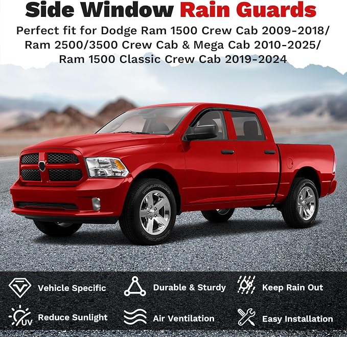 Window Visors Rain Guards for Dodge Ram 1500 Crew Cab 2009-2018/Ram 2500&3500 Crew Cab & Mega Cab 2010-2026/Ram 1500 Classic Crew Cab 2019-2024, Tape-On Side Window Deflectors Vent Visors 4PCS