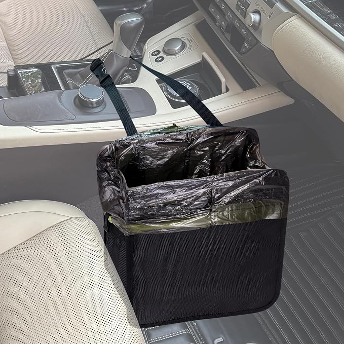 2 Gallons Open-Top Car Trash Can, Hanging Leakproof Car Trash Bag with Water-proof PEVA Liner, Stand Trash Bag for Cars Foldable Automotive Garbage Can for Cars SUV Truck RV Black