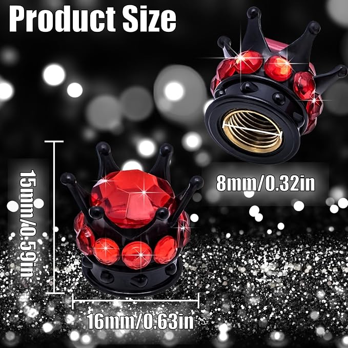 4PCS Crown Bling Tire Stem Valve Caps, Crystal Diamond Car Wheel Tire Valve Caps Universal Copper Core Stem Covers for Cars, SUV, Trucks, Bikes, Motorcycles, Bicycles (Black & Red)