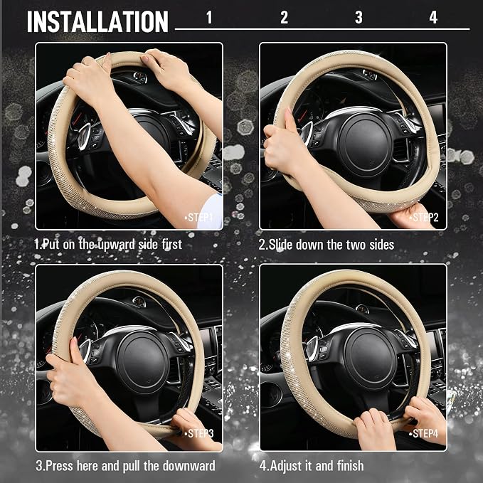 Bling Diamond Beige Leather Steering Wheel Cover, White Sparkly Crystal Glitter Rhinestones Universal Fit 14" 1/2-15" Car Wheel Protector for Women Girl Fit Suvs,Vans,Sedans,Trucks, Beige