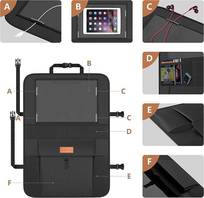 Non-Slip Backing Backseat Car Organizer Kick Mat with Storage Pockets, Large Waterproof Baby Car Seat Protector for Leather and Fabric (Black)